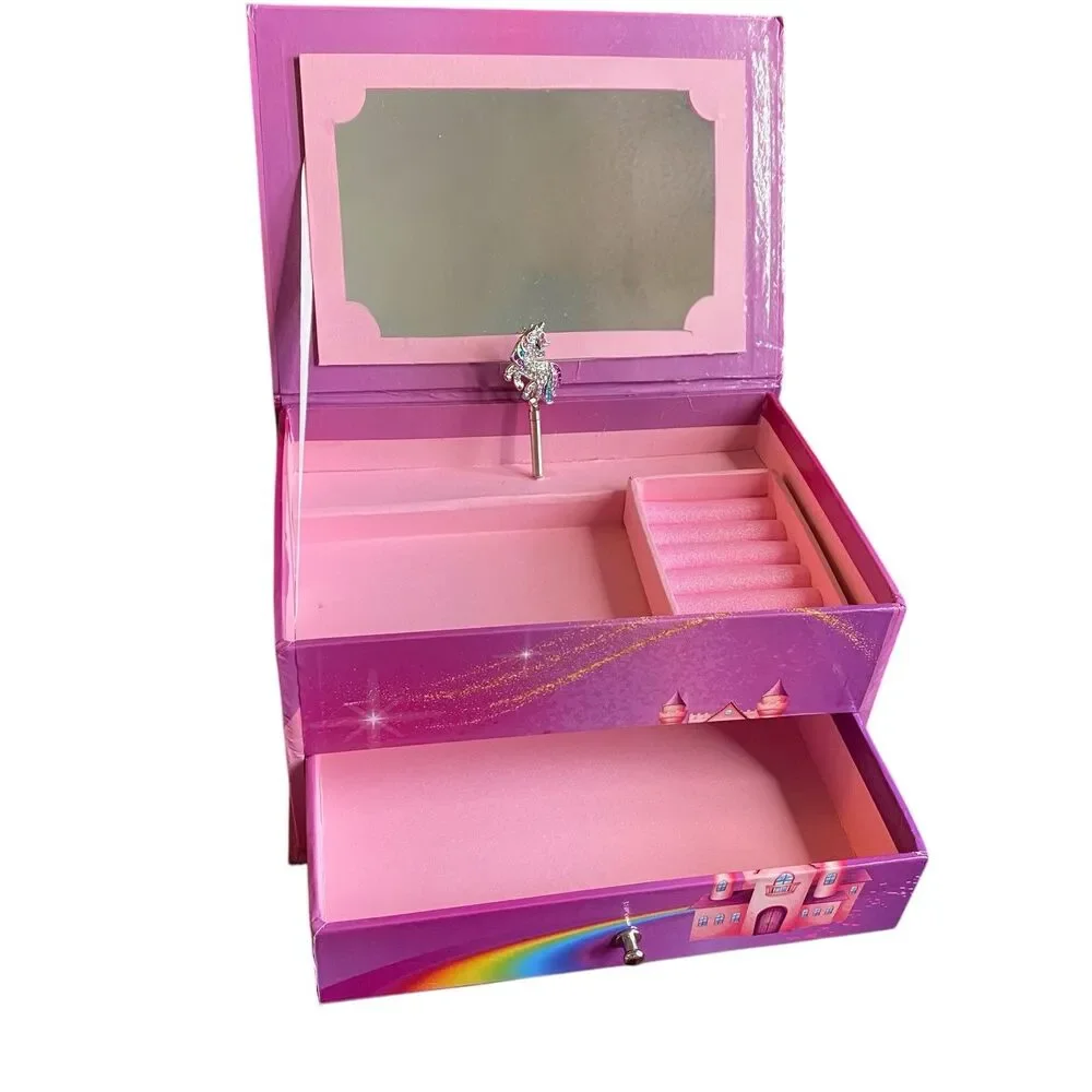 Pink Unicorn Rainbow Music Jewelry Box With Drawer Mirror Rhinestone Unicorn